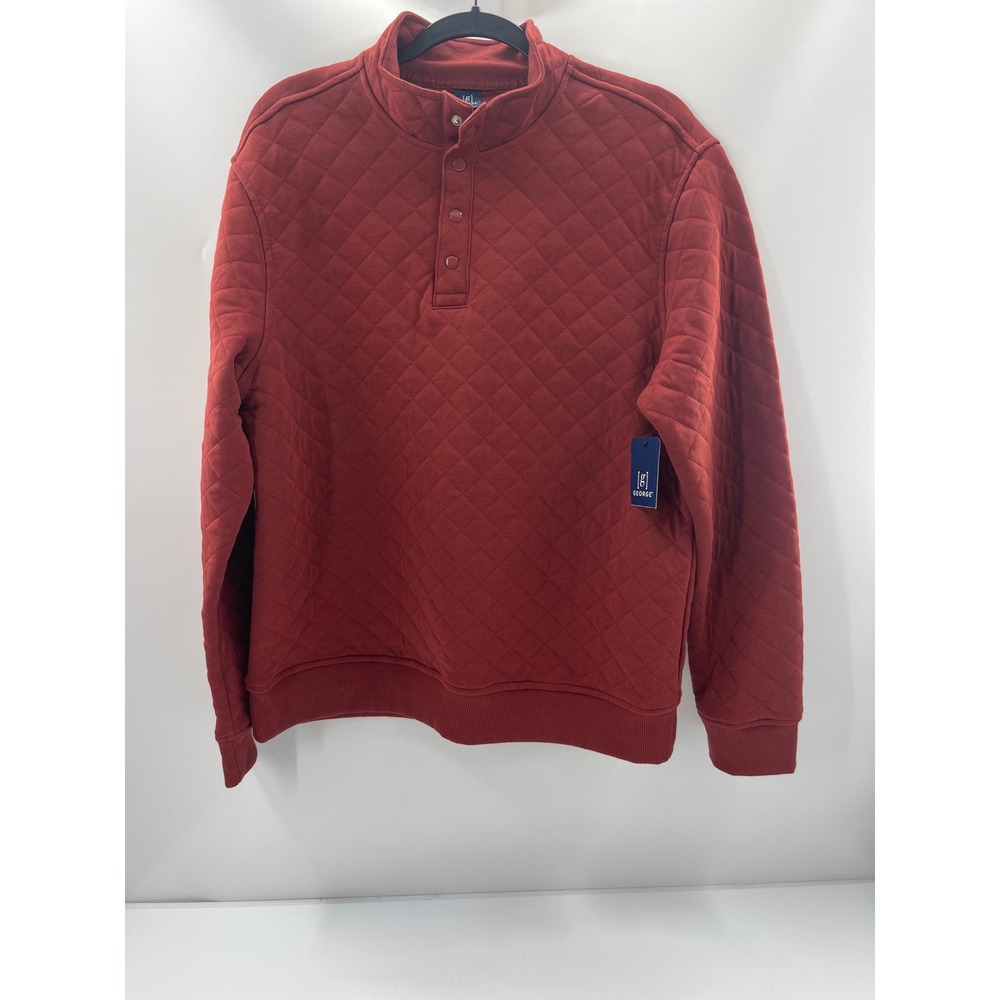 George Mens Quilted Pullover Sweatshirt Brick Red Snap Mock Neck Size M